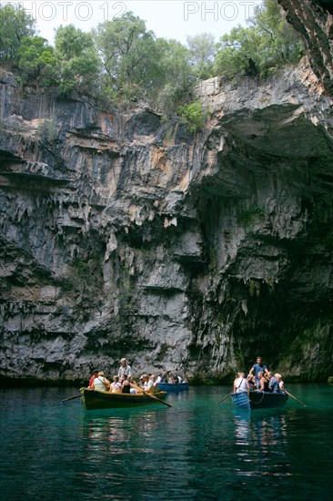 Tourist boat trip, Melissani Lake, Kefalonia, Greece.