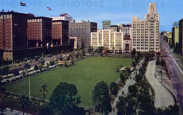 Pershing Square showing the Biltmore Hotel, Los Angeles, California, USA, 1953. Artist: Unknown