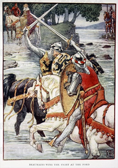'Beaumains Wins the Fight at the Ford', 1911. Artist: Unknown