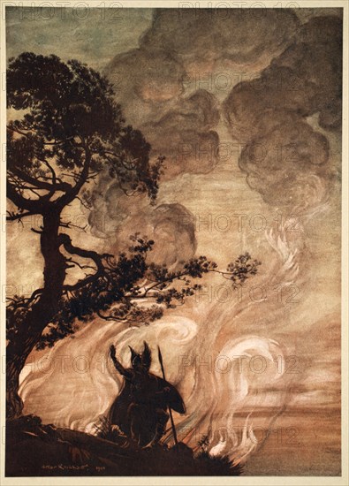 'As he moves slowly away, Wotan turns and looks sorrowfully back at Brunnhilde', 1910.  Artist: Arthur Rackham