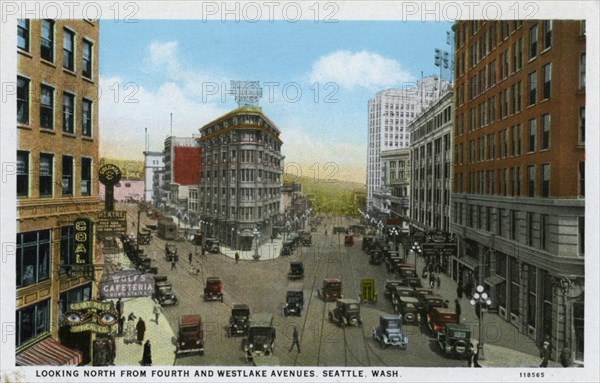 Looking north from Fourth and Westlake Avenues, Seattle, Washington, USA, 1928. Artist: Unknown