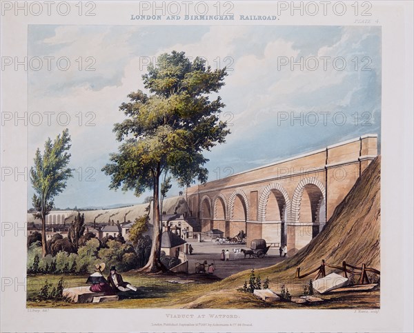 Viaduct at Watford, published 1837 (hand coloured engraving)