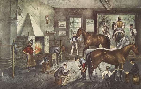 'Trotting Cracks' at the Forge, pub. 1869, Currier & Ives (Colour Lithograph)