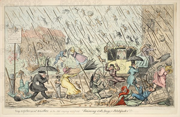 Very Unpleasant Weather or the Old  Saying verified 'Raining Cats, Dogs and Pitchforks', 1835.