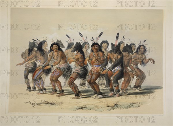 The Bear Dance, pub. 1845 (colour lithograph). Creator: George Catlin (1796 - 1872).