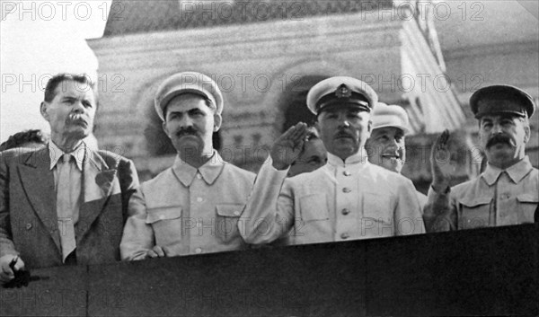 Senior Soviet figures on the tribune of Lenin's mausoleum, Red Square, Moscow, USSR, 1931. Artist: Anon