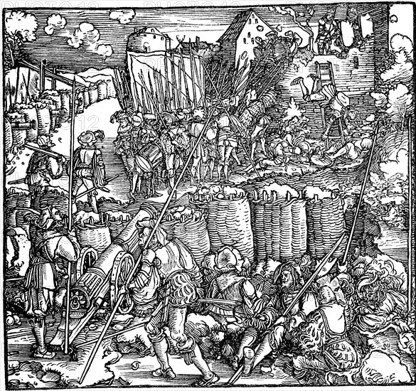 Siege of a fortress. Illustration from the book Phisicke Against Fortune by Petrarch, 1532.