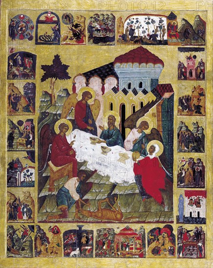 The Old Testament Trinity with Scenes from Genesis, c1580. Creator: Russian icon.