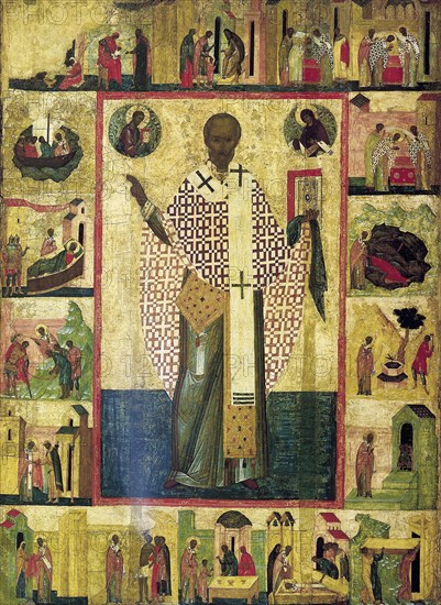 Saint Nicholas of Zaraisk with Scenes from His Life, early 16th century.  Creator: Russian icon.
