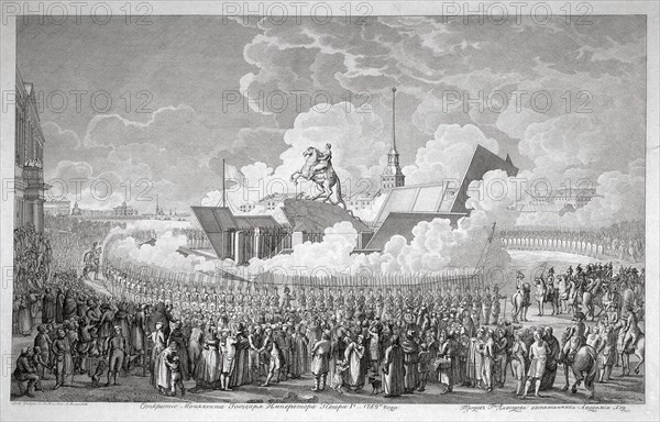 Opening of the equestrian statue of Peter the Great on Senate Square St. Petersburg in 1782, early 1 Creator: Melnikov, Alexey Kupriyanovich (19th century).