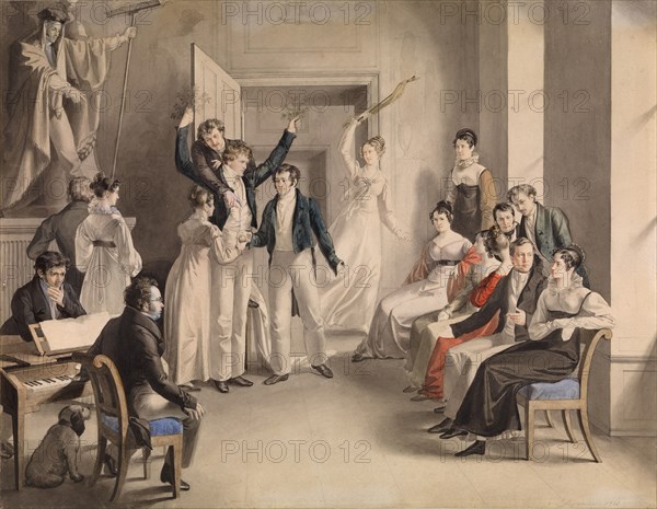 Franz Schubert (1797-1828). Party game of the Schubertians in Atzenbrugg, 1821. Artist: Kupelwieser, Leopold (1796-1862)