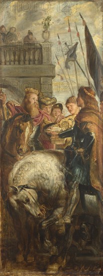 Kings Clothar and Dagobert dispute with a Herald from the Emperor Mauritius. Sketch for High Altarpiece, St Bavo, Ghent, 1611. Artist: Rubens, Pieter Paul (1577-1640)