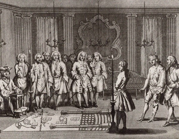 The French Freemasons initiation ceremony, 18th century. Artist: Anonymous