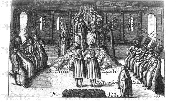 Audience with Ivan V, Peter I and Sophia Alekseyevna (from Georg Adam Schleissing Derer beyden Czaaren in Reussland...), 1693. Artist: Anonymous