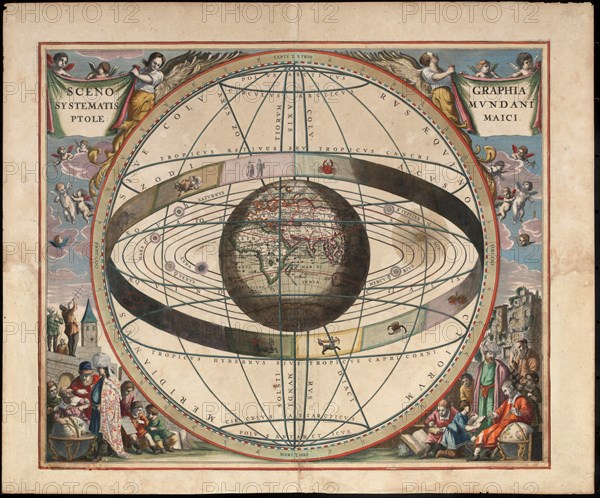 Scenography of the Ptolemaic cosmography (From Andreas Cellarius Harmonia Macrocosmica), c. 1660. Artist: Loon, Johannes van (c. 1611-1686)