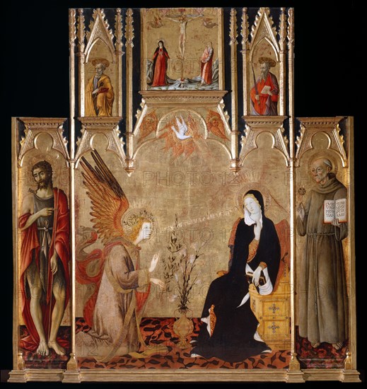 Annunciation with Saints John the Baptist und Bernardino da Siena. The Crucifixion. Saints Peter and Paul, Between 1455 and 1464. Artist: Matteo di Giovanni (ca. 1430-1495)