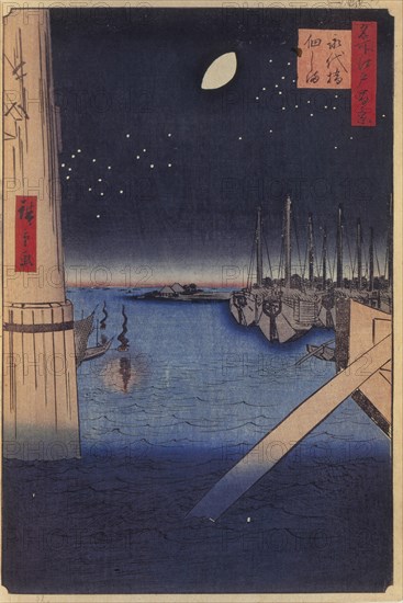 Tsukudajima and Eitai Bridge (One Hundred Famous Views of Edo), 1856-1858. Artist: Hiroshige, Utagawa (1797-1858)