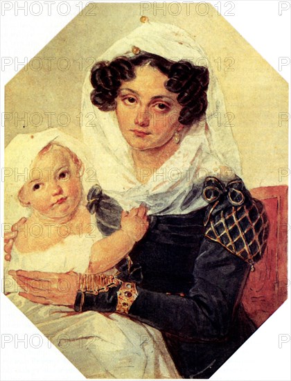 Portrait of Countess Maria N. Volkonskaya (1805-1863) with son Nikolay, 1826. Artist: Sokolov, Pyotr Fyodorovich (1791-1848)