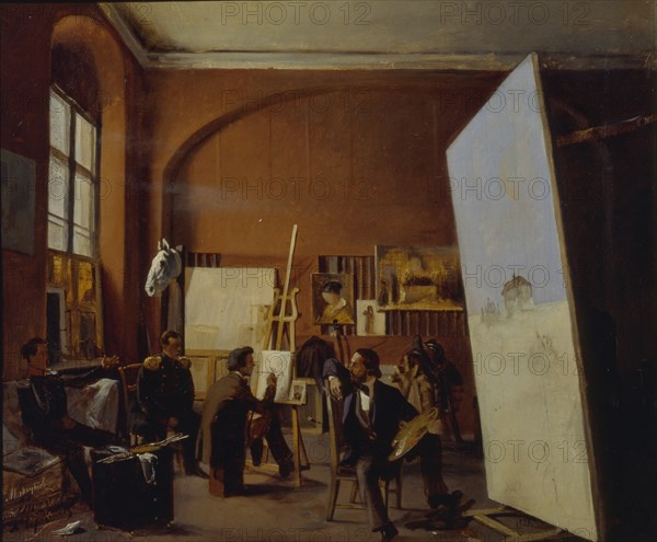 Studio of the painter Count Vasily Maksutov, 1858. Artist: Sorokin, Yevgraf Semyonovich (1821-1892)