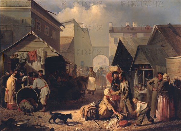 Refreshment Stall in St. Petersburg, 1858. Artist: Volkov, Adrian Markovich (1827-1873)