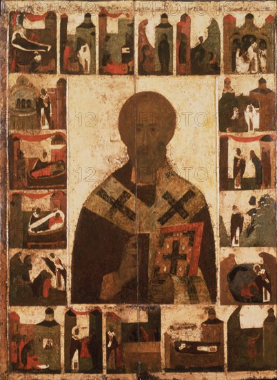 Saint Nicholas with scenes from his life, 14th century. Artist: Russian icon