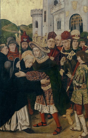 King Ferdinand I of Castile welcomed Saint Dominic of Silos, 1478-1480. Artist: Bermejo, Bartolomé (ca 1440-ca 1498)