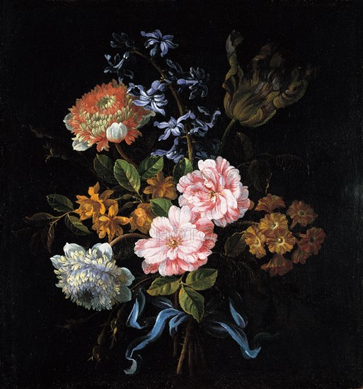 Bouquet of poppy anemones, roses, double campernelle, a hyacinth, a tulip and auricula tied with a b Artist: Monnoyer, Jean-Baptiste (1636-1699)