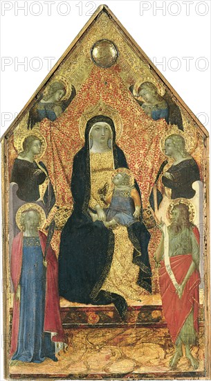 The Virgin and Child enthroned between four Angels and Saints. Artist: Bulgarini, Bartolomeo (ca. 1300/10-1378)