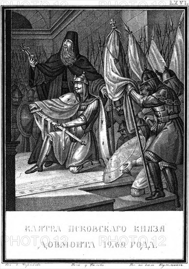 The Oath of Dovmont. 1269 (From Illustrated Karamzin), 1836. Artist: Chorikov, Boris Artemyevich (1802-1866)