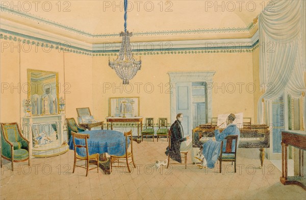 Interior with figures. The Music Room, 1830-1839. Artist: Anonymous