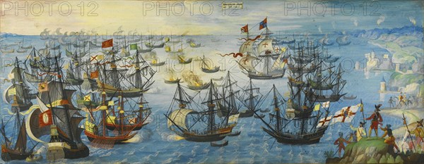 The Spanish Armada off the south coast of England, 1588. Artist: Monogrammist VHE (active ca 1600)