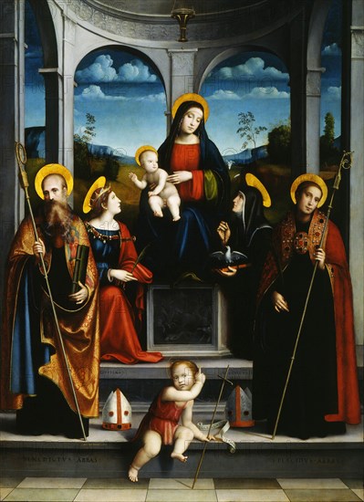 Virgin and Child with Saints Benedict, Justina, Placidus and Scholastica, ca 1515. Artist: Francia, Francesco (1450-1517)