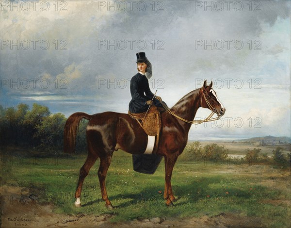 Equestrian Portrait of Seymourina Poirson, née Cuthbertson, 1863. Artist: Sverchkov, Nikolai Yegorovich (1817-1898)