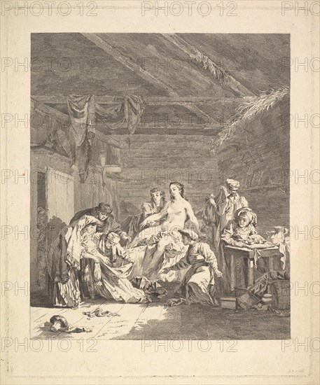 After the wedding night, the sheets must be shown. From Voyage en Sibérie, 1767. Artist: Saint-Aubin, Augustin, de (1736-1807)