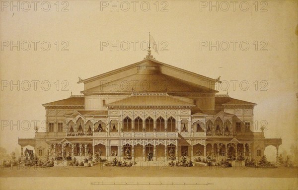 Project of the wooden summer theatre in Pavlovsk, Main facade, 1876.