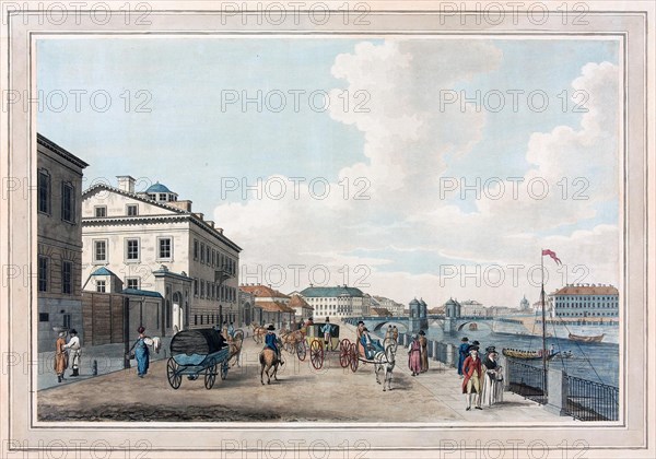 View of the Fontanka Embankment near the Simeon bridge in St. Petersburg.