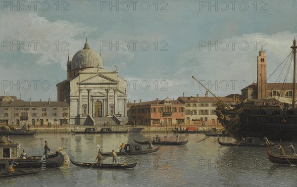 Venice, a view of the Churches of the Redentore and San Giacomo, with a moored Man-of-war, gondolas