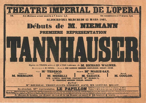 Premiere Poster for the opera Tannhäuser by Richard Wagner in the Opéra de Paris, 1861.