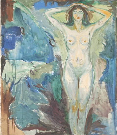 Standing nude against blue background, 1925-1930.