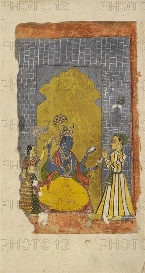 Vishnu enthroned with princely devotee standing before him, c1700-1725. Artist: Unknown.