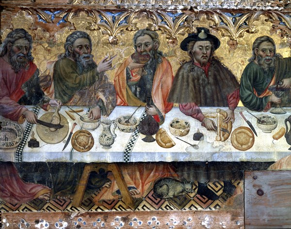 Holy Supper' tempera painting on wood by Jaume Ferrer, detail of the apostles in the left side.