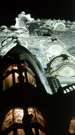 Detail of the top of Casa Batllo illuminated at night, Antoni Gaudí i Cornet (1852 - 1926).