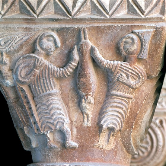 Rabbits hunters, detail of a capital in the cloister of the Monastery of Santa María de l'Estany.