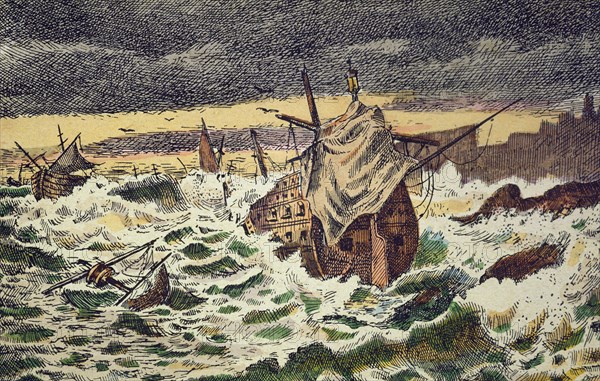 Destruction by the storms of the Spanish Armada, sent by King Philip II against England in 1588.