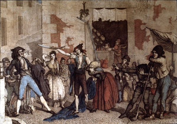 Anonimous engraving of the 18th century with the final scene of the play 'Manolo', one-act comedy?