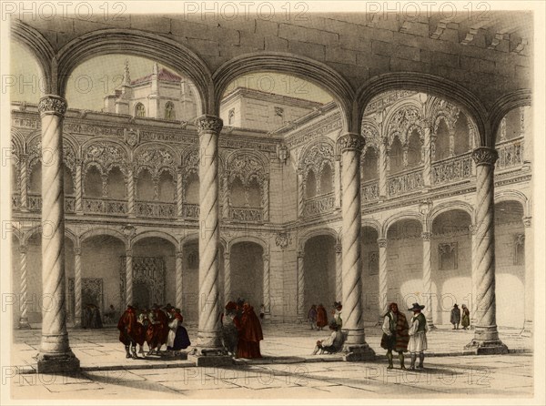 Cloister of the church of San Gregorio in Valladolid, with scene of life and traditional costumes?