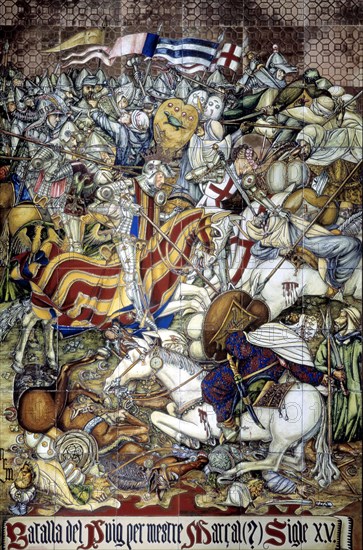 Battle of the Puig' 1237 Ceramic tile panel with Jaime I 'El conquistador'' (1208-1276), King of ?