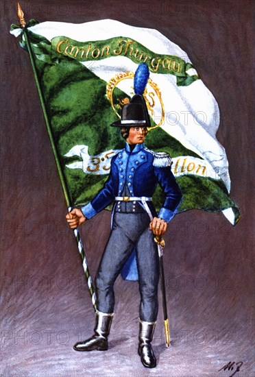 Flag bearer from the canton of Thurgovie, c. 1805. Color engraving from 1943, published by Editio?