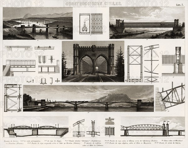 Several engravings of civil constructions for railway traffic, Madrid 1880.