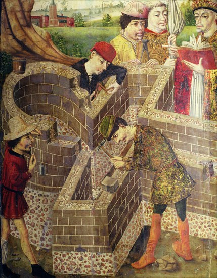 Building a church, detail from the Painting 'Church of San Miguel', panel painting.